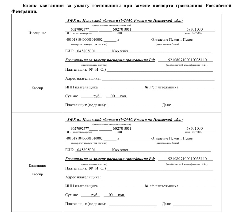 Бланк квитанции за уплату госпошлины при замене паспорта гражданина РФ